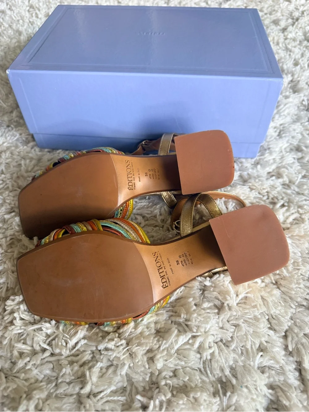 Sézane Metallic Gold Multi-Color Strappy Knot Block Heel Sandals